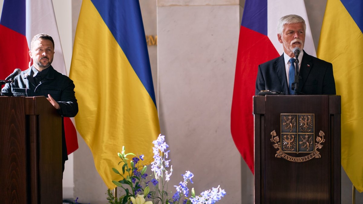 Volodymyr Zelenskyj a Petr Pavel na tiskové konferenci