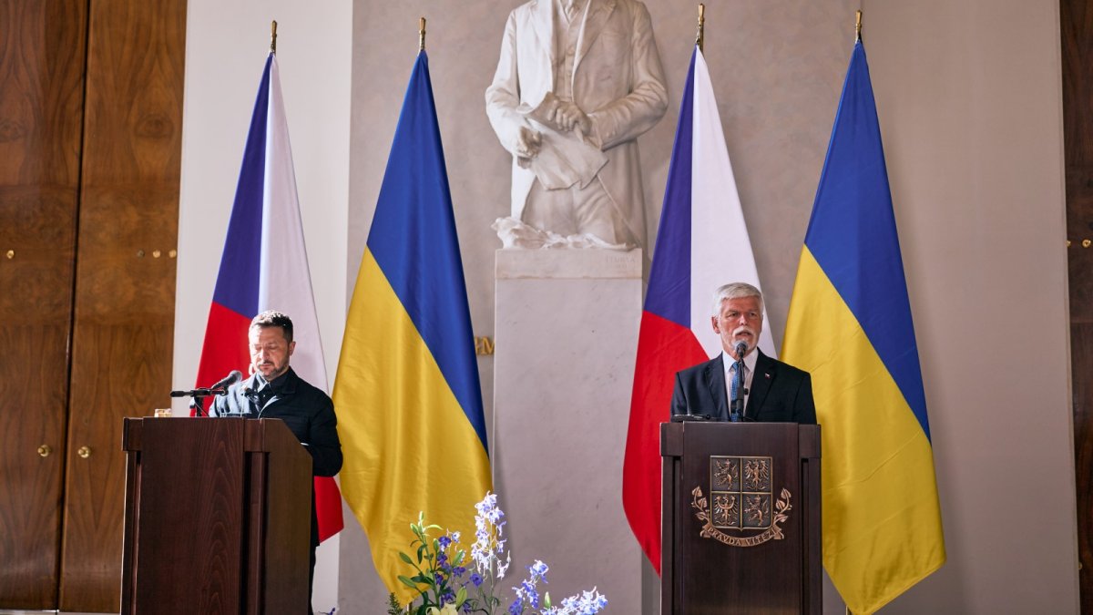 Volodymyr Zelenskyj a Petr Pavel na tiskové konferenci